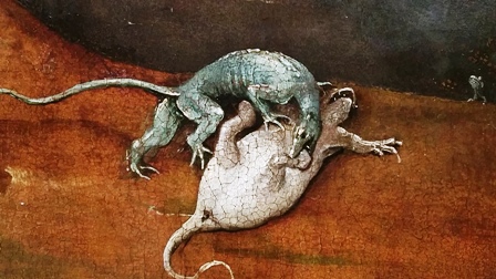 Schreckliche Wesen auf einem Bild des Malers Hieronimus Bosch