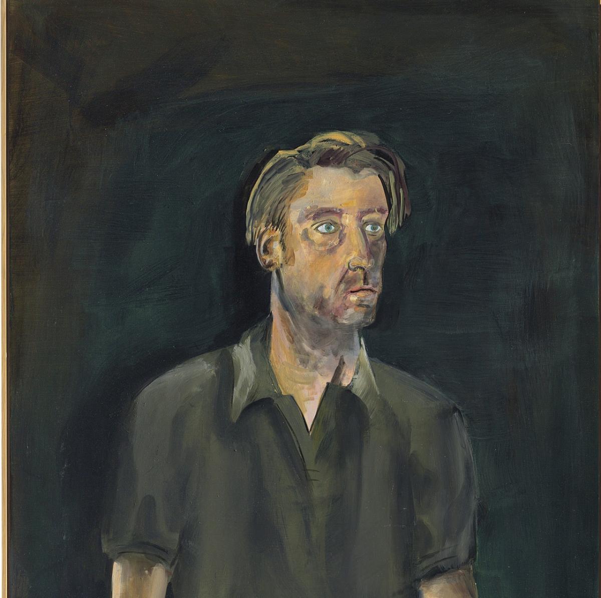 Albert Oehlen, Selbstproträt mit grauem Hemd vor dunklem Hintergrund